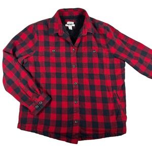 LL Bean Women‎ Petite Red Buffalo Plaid Sherpa Line Flannel Shirt Jacket Shacket